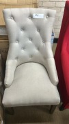 &lsquo;IVY&rsquo; Button-Back Chair, Ring at Back, Studs, Natural Linen Upholstery, Chocolate Timber Legs, $399 RRP - Ex Display