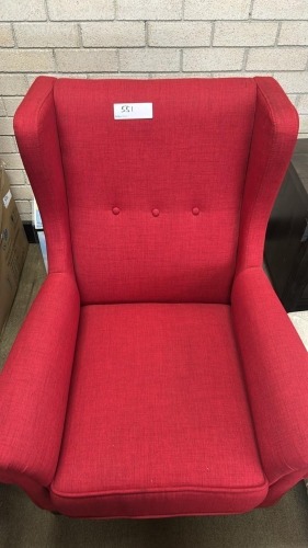 &lsquo;Prescott&rsquo; Feature Wing Chair w/ Buttery Detail, Chocolate Timber Legs, $799 RRP - Ex Display
