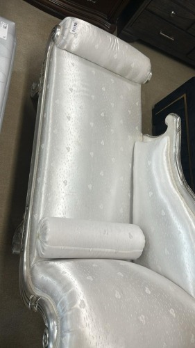 Cleo Love Chair Antique Silver Frame, White Fabric + Storage Box Grey PVC & Button Detail, $1999 RRP - Ex Display