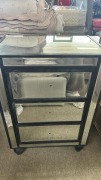 3 Drawer Bedside Chest, Mirror Finish, Black Trim Detail, Handles Missing, $399 RRP - Ex Display