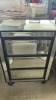 3 Drawer Bedside Chest, Mirror Finish, Black Trim Detail, Handles Missing, $399 RRP - Ex Display