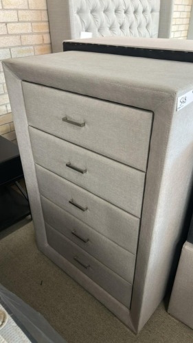 Lisbone 5 Drawer Highchest + Lisbone 2 Drawer Bedside Natural Linen Fabric, $999 RRP - Ex Display