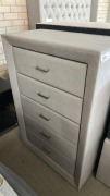 Lisbone 5 Drawer Highchest + Lisbone 2 Drawer Bedside Natural Linen Fabric, $999 RRP - Ex Display