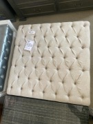 &lsquo;EMMA&rsquo; Coffee Table W/Button-Detail Upholstered Top, Natural Linen, Ivory Frame 1000X1000mm, $599 RRP - Ex Display