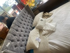 &lsquo;CHARLOTTE&rsquo; Queen Bed, Warwick Grey Fabric, Button Black Detail, Timber Slats, $2799 RRP - Ex Display