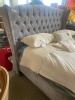 &lsquo;CHARLOTTE&rsquo; Queen Bed, Warwick Grey Fabric, Button Black Detail, Timber Slats, $2799 RRP - Ex Display - 2