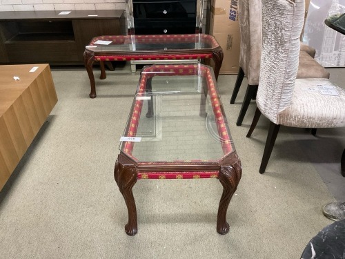 Italian Medusa Coffee Table, Walnut Timber/Glass Textile Trim Versace, Fabric Red RRP $999