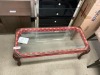 Italian Medusa Coffee Table, Walnut Timber/Glass Textile Trim Versace, Fabric Red RRP $999