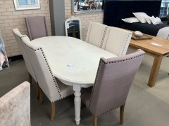 Hampton 7 Piece Dining Table - Timber Table and 6 Linen with Stud Chairs RRP $2999 - Ex Display