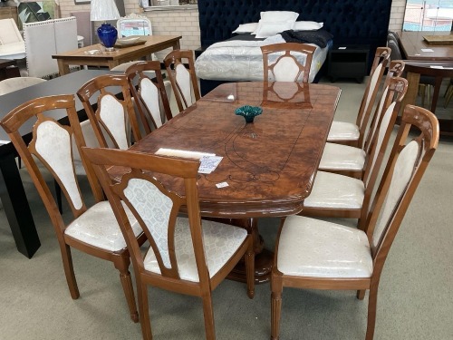 Sienna 11 Piece Italian Made Dining Suite 2000mm x 1000mm Off White Fabric/Brown Gloss Finish RRP $4999 - Ex Display