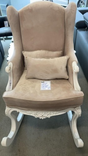 Orlando Feature Rocking Chair, Ivory Frame, Light Sand, Suede Look Fabric RRP $999 - Ex Display