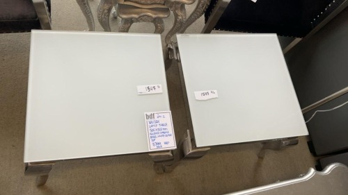 2 x Coffee Tables -White Tempered Glass Top w Chrome finish Legs 500mm x 500mm - Total RRP $1199 - Ex Display