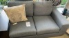 'Jasper' 2 Seater, Darek Grey Upholstery, Walnut Timber Arm Feature - RRP $1999 - Ex Display