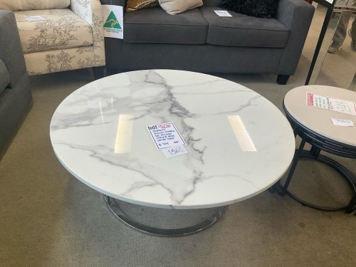 'Plymouth' 900mm Marble Top, Polished Chrome Base Coffee Table - RRP $799 - Ex Display