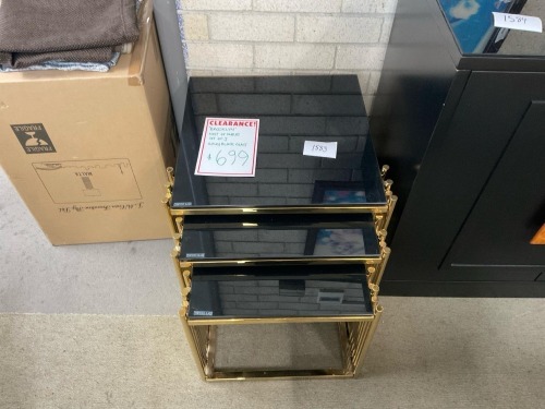 Brooklyn Nesting Tables Set of 3, Black Tempered Glass Top/Gold - RRP $699 - Ex Display
