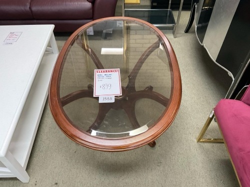 Oval Italian Coffee Table, Walnut Timber Glass RRP $899 - Ex Display