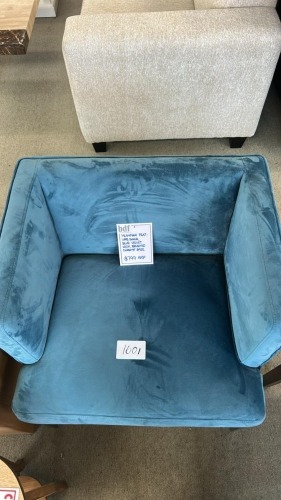 'Alannah' Feature Chair, Blue Velvet Look, Brushed Chrome Base - RRP $799 - Ex Display