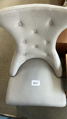 2 x Tammy Button Back Chair, Natural Linen Fabric, Dark Oak Legs, Stud Detail RRP $598 - Ex Display
