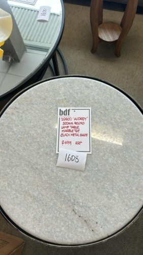 20600 ' Audrey' 500mm Round Lamp Table- Marble Top/Black Metal Base - RRP $499 - Ex Display