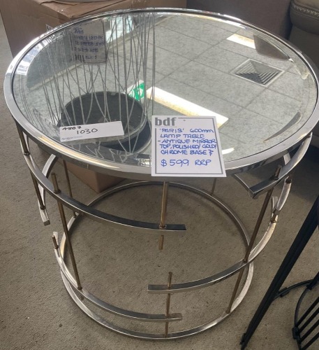 &lsquo;Paris&rsquo; 600mm lamp table Antique mirror top, polished/gold/chrome base - RRP $599 - Ex-Display