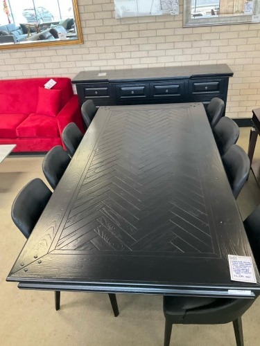 AMERICANA DINING TABLE, DARK WALNUT STAIN 2400mm (L) x 1200mm (W) + 8 x COW LEATHER DINING CHAIRS - BLACK w/ WALNUT LEGS - RRP $6299 - Ex-Display