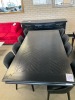 AMERICANA DINING TABLE, DARK WALNUT STAIN 2400mm (L) x 1200mm (W) + 8 x COW LEATHER DINING CHAIRS - BLACK w/ WALNUT LEGS - RRP $6299 - Ex-Display