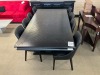 AMERICANA DINING TABLE, DARK WALNUT STAIN 2400mm (L) x 1200mm (W) + 8 x COW LEATHER DINING CHAIRS - BLACK w/ WALNUT LEGS - RRP $6299 - Ex-Display - 2