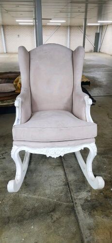 ORLANDO'FEATUREROCKING CHAIR,IVORY FRAME,LIGHT SAND SUEDE LOOK FABRIC - RRP $1499 - Ex-Display