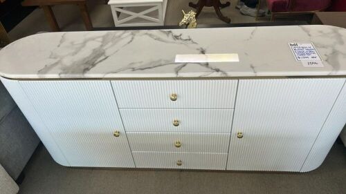 1025 BJA-W Buffet, 1800mm, 2 Door + 4 Drawer, Marble Top, White Fluting - RRP $1599 - Ex Display