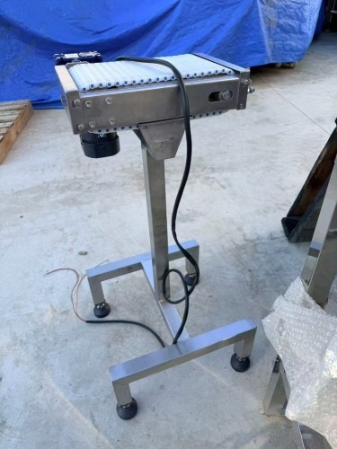 Stainless Steel Framed Motorised Slat Belt Pass Through Conveyor with Geared Drive to Related Electrics (As Is, Untested)