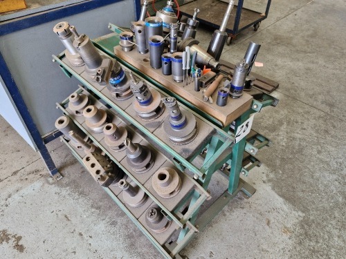 Large Quantity of assorted Heavy Duty Machine Tooling with Steel A-Frame Mobile Storage Rack