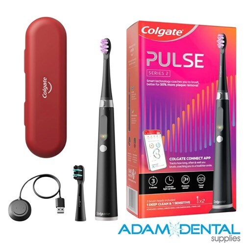 Bundle of Colgate tooth Brushes 1x Colgate Power Toothbrush Series 2 Pulse Deep Clean & Sensitive Black & 1x Colgate Power Toothbrush Series 2 Pulse Deep Clean & Whitening Red