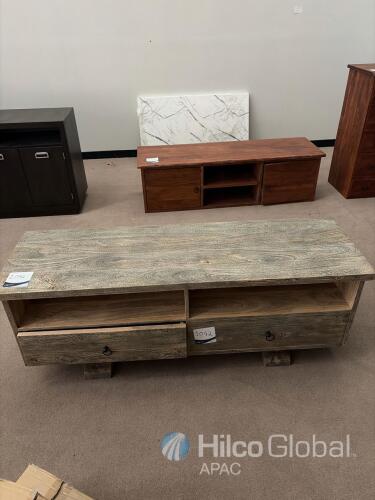 Rustic Solid Wood TV Stand, 65"x20"x22", 2 Drawers, 2 Shelves, Gray Finish, Cable Holes