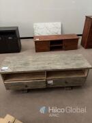 Rustic Solid Wood TV Stand, 65"x20"x22", 2 Drawers, 2 Shelves, Gray Finish, Cable Holes