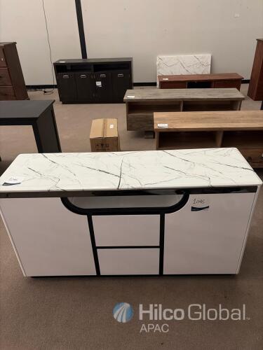 Modern White Gloss Sideboard Cabinet, Faux Marble Top, 2 Drawers, 2 Door Shelves, Asset 1046