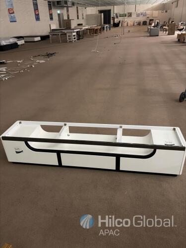 Modern White High-Gloss TV Stand with 4 Drawers, Fits Up to 85" TVs (213 cm x 76 cm x 107 cm) and weighs around 250 lbs (113 kg)