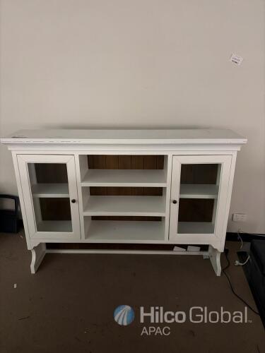 White Glass Door Display Cabinet Sideboard approximately 120 cm in height, 150 cm in width, and 35 cm in depth