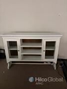 White Glass Door Display Cabinet Sideboard approximately 120 cm in height, 150 cm in width, and 35 cm in depth