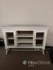 White Glass Door Display Cabinet Sideboard approximately 120 cm in height, 150 cm in width, and 35 cm in depth