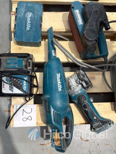 Makita DCL180 Vacuum, Makita 9910 Belt Sander, Makita DC18RC Charger er, Makita Angle Grinder