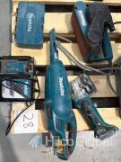 Makita DCL180 Vacuum, Makita 9910 Belt Sander, Makita DC18RC Charger er, Makita Angle Grinder