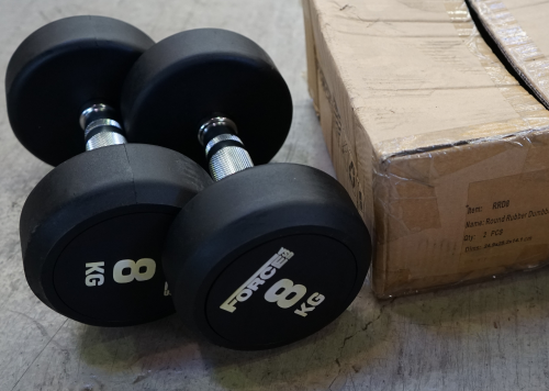 2 x Force USA - Commercial Round Rubber Dumbbell - 8kg - RRP $88