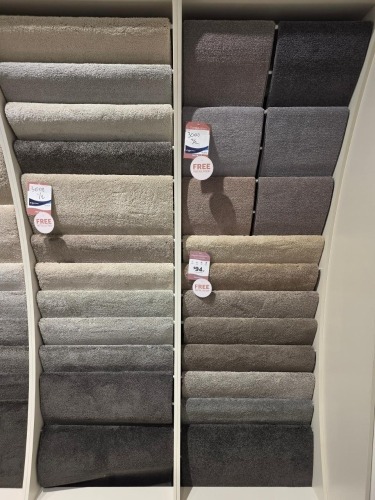 2x Wall of ex display Nylon rugs. Various sizes - Dimensions unknown