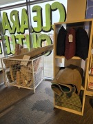 1 fixture inc. cushions & 3x rugs of size/specs + cage of mixed rugs and cushions. must take cage and fixture.