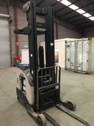 Crown RR5200 Series Stand Up Electric Reach Truck, Serial No: 1A11680. Battery 2016 model. Runs well.