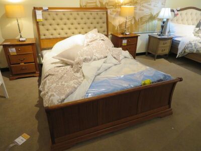 Juliet Queen Timber Bed Frame, Upholstered Bedhead, with Slumberland Soho Mattress & assorted Bed Linen