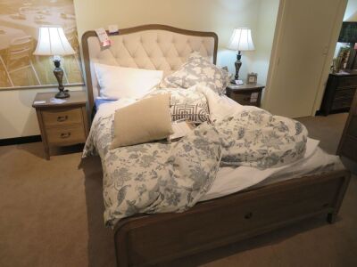 Elise Queen Timber Bed Frame, with upholstered Headboard, Slumberland Soho Mattress & assorted Linen & Pillows