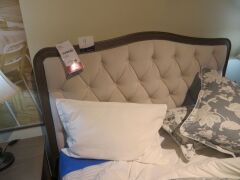 Elise Queen Timber Bed Frame, with upholstered Headboard, Slumberland Soho Mattress & assorted Linen & Pillows - 2