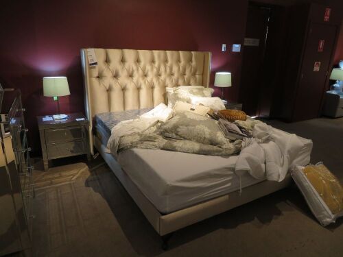 Prague King Bed Frame upholstered in Gold fabric, with Slumberland Soho Mattress & 4" Foam Top Mattress & assorted Bedding
