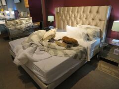 Prague King Bed Frame upholstered in Gold fabric, with Slumberland Soho Mattress & 4" Foam Top Mattress & assorted Bedding - 2